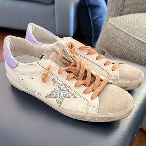 Golden Goose Superstar Women's Beige Suede Sneakers with Lilac Heel Glitter Star